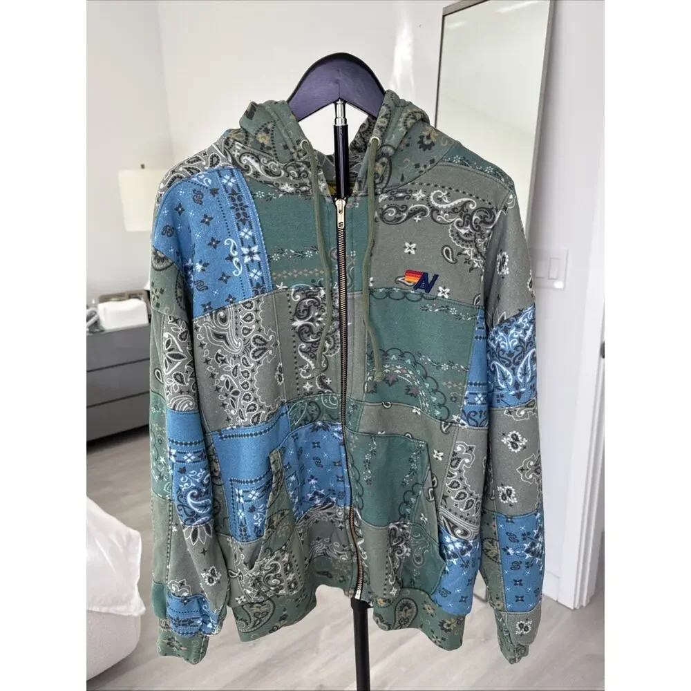 AVIATOR NATION-BANDANA QUILTED Relaxed ZIip Hoodie-Blue-Unisex Medium-Washed 1 x - Picture 1 of 14
